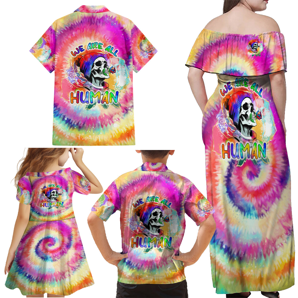 We Are All Human LGBT Family Matching Off Shoulder Maxi Dress and Hawaiian Shirt Skull Tie Dye - Wonder Print Shop