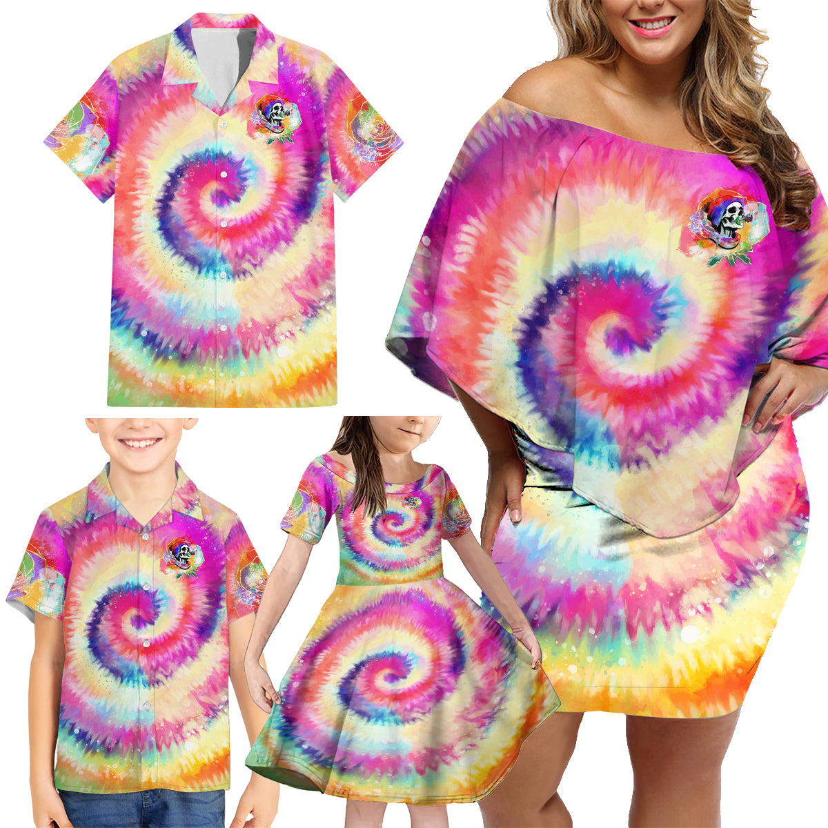 We Are All Human LGBT Family Matching Off Shoulder Short Dress and Hawaiian Shirt Skull Tie Dye - Wonder Print Shop