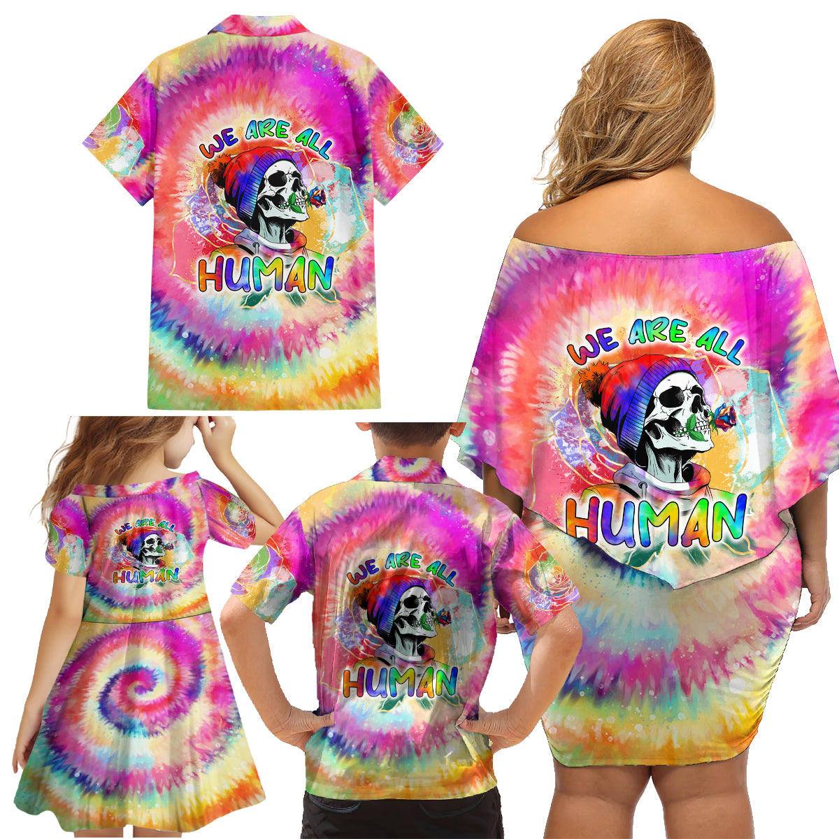 We Are All Human LGBT Family Matching Off Shoulder Short Dress and Hawaiian Shirt Skull Tie Dye - Wonder Print Shop