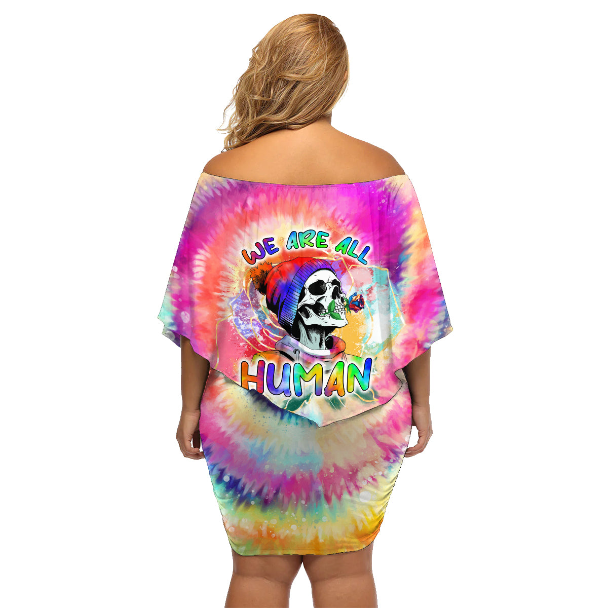 We Are All Human LGBT Family Matching Off Shoulder Short Dress and Hawaiian Shirt Skull Tie Dye - Wonder Print Shop