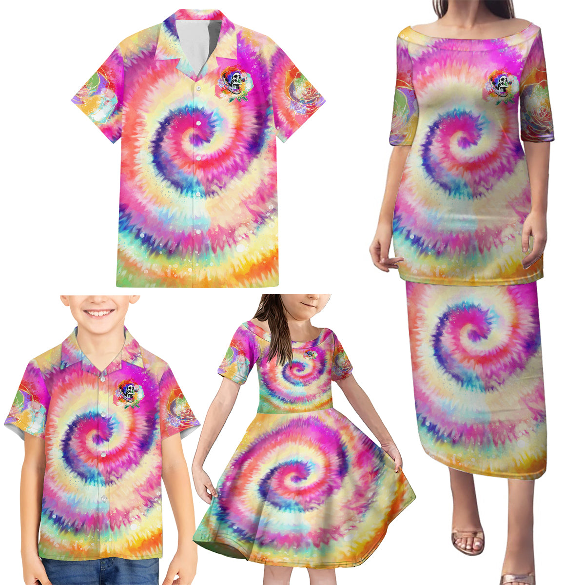 We Are All Human LGBT Family Matching Puletasi Dress and Hawaiian Shirt Skull Tie Dye - Wonder Print Shop