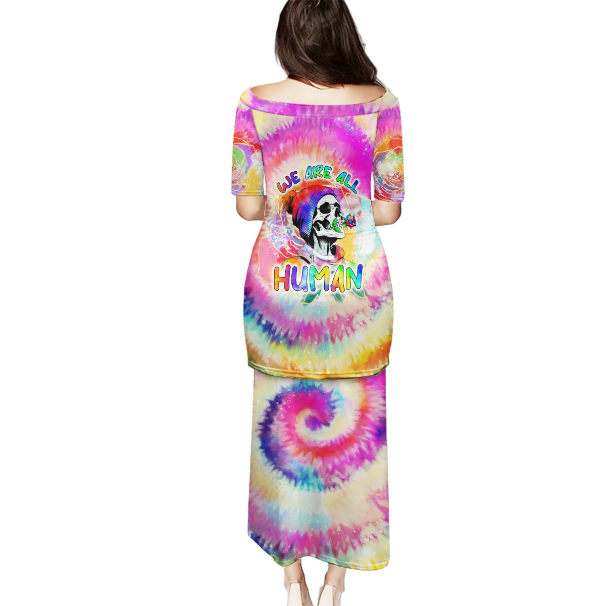 We Are All Human LGBT Family Matching Puletasi Dress and Hawaiian Shirt Skull Tie Dye - Wonder Print Shop
