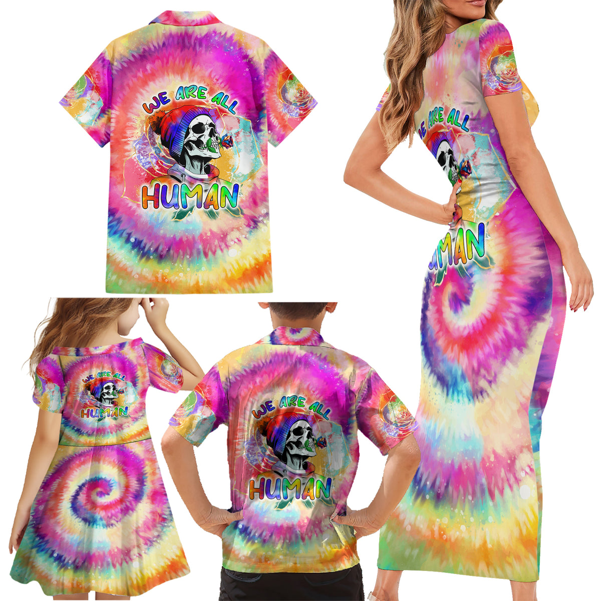We Are All Human LGBT Family Matching Short Sleeve Bodycon Dress and Hawaiian Shirt Skull Tie Dye - Wonder Print Shop