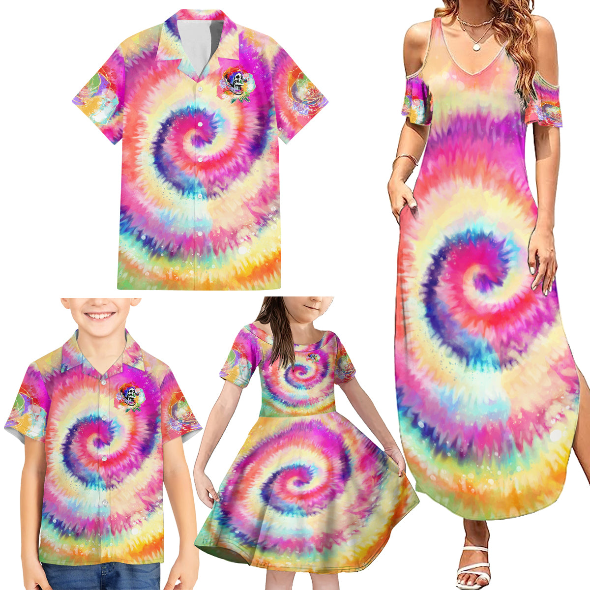 We Are All Human LGBT Family Matching Summer Maxi Dress and Hawaiian Shirt Skull Tie Dye - Wonder Print Shop