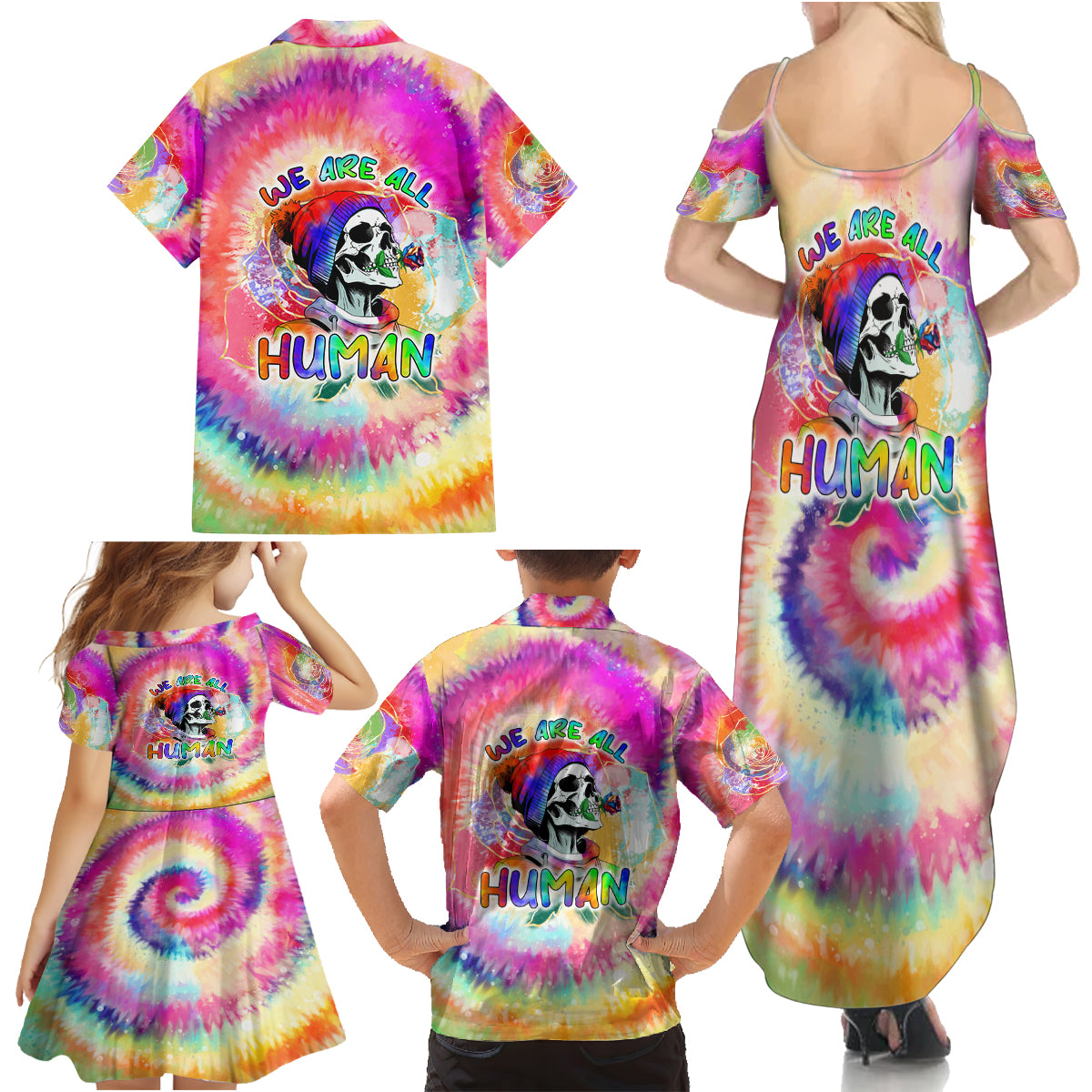 We Are All Human LGBT Family Matching Summer Maxi Dress and Hawaiian Shirt Skull Tie Dye - Wonder Print Shop