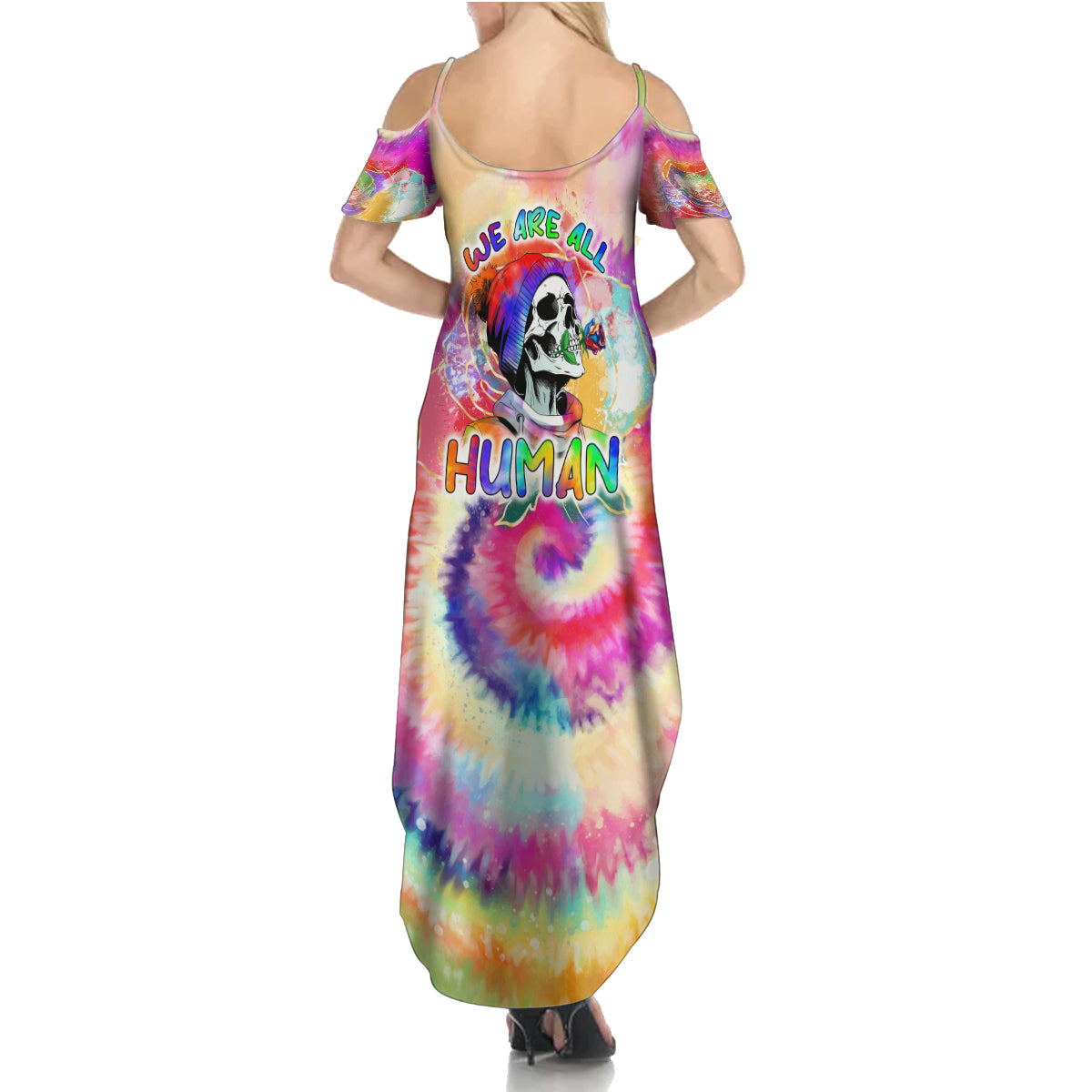 We Are All Human LGBT Family Matching Summer Maxi Dress and Hawaiian Shirt Skull Tie Dye - Wonder Print Shop