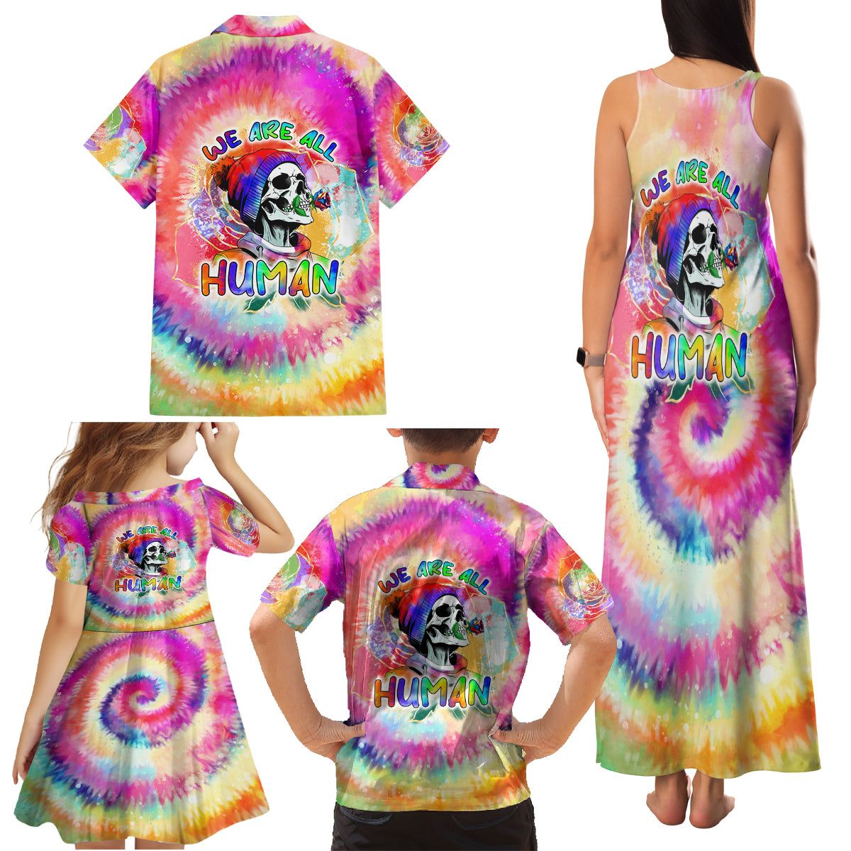 We Are All Human LGBT Family Matching Tank Maxi Dress and Hawaiian Shirt Skull Tie Dye - Wonder Print Shop