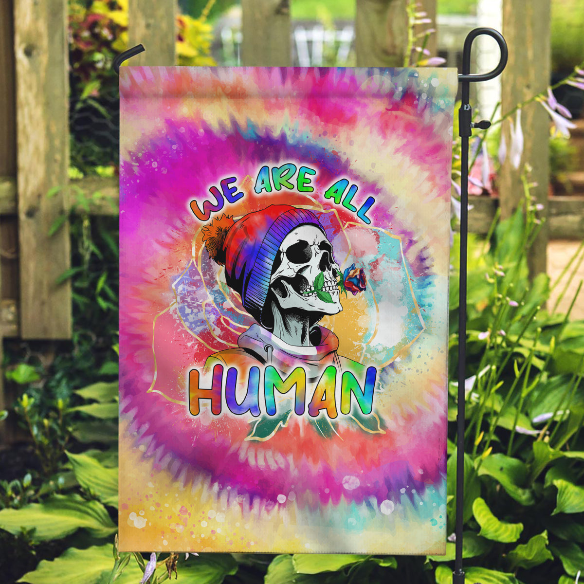 We Are All Human LGBT Garden Flag Skull Tie Dye - Wonder Print Shop
