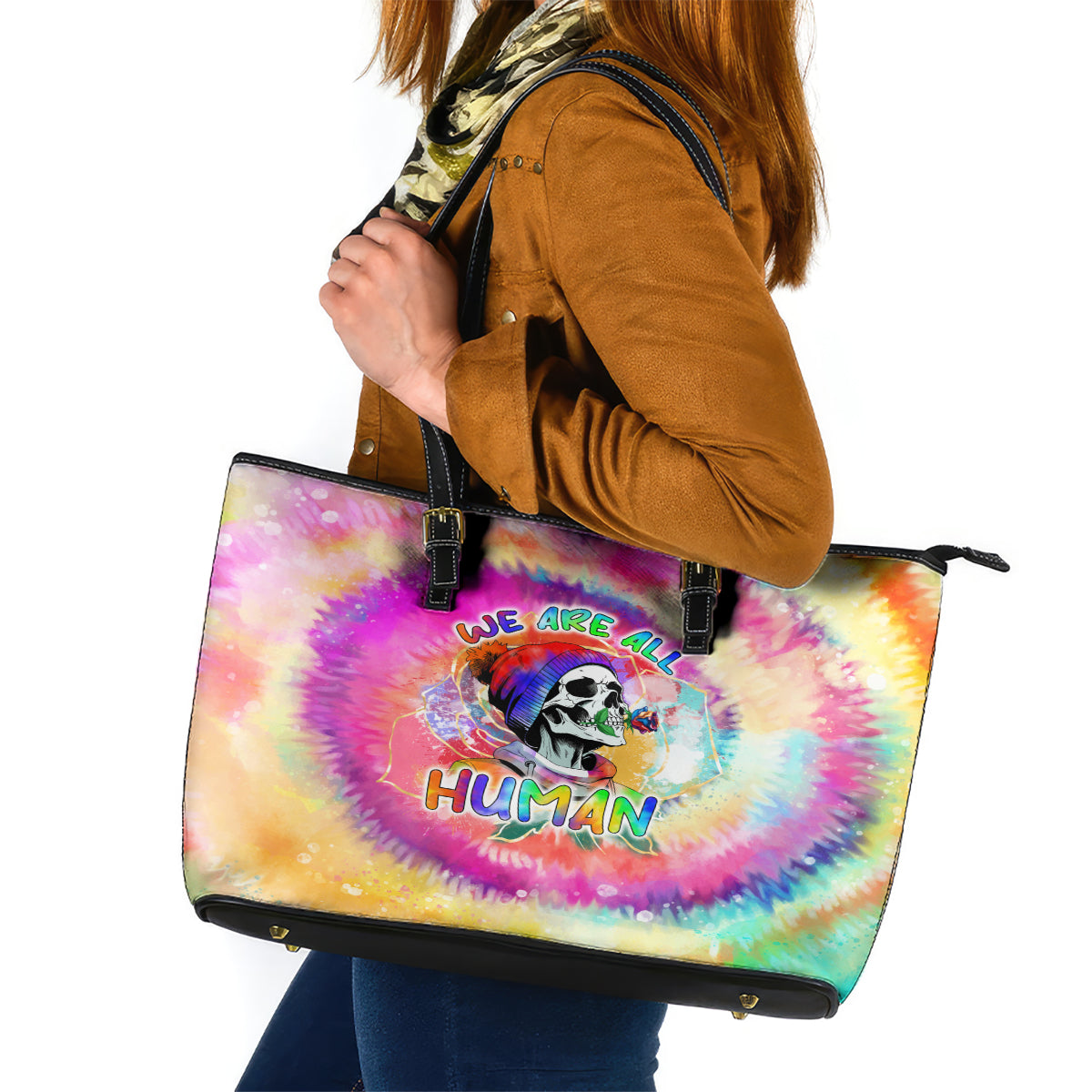 We Are All Human LGBT Leather Tote Bag Skull Tie Dye - Wonder Print Shop