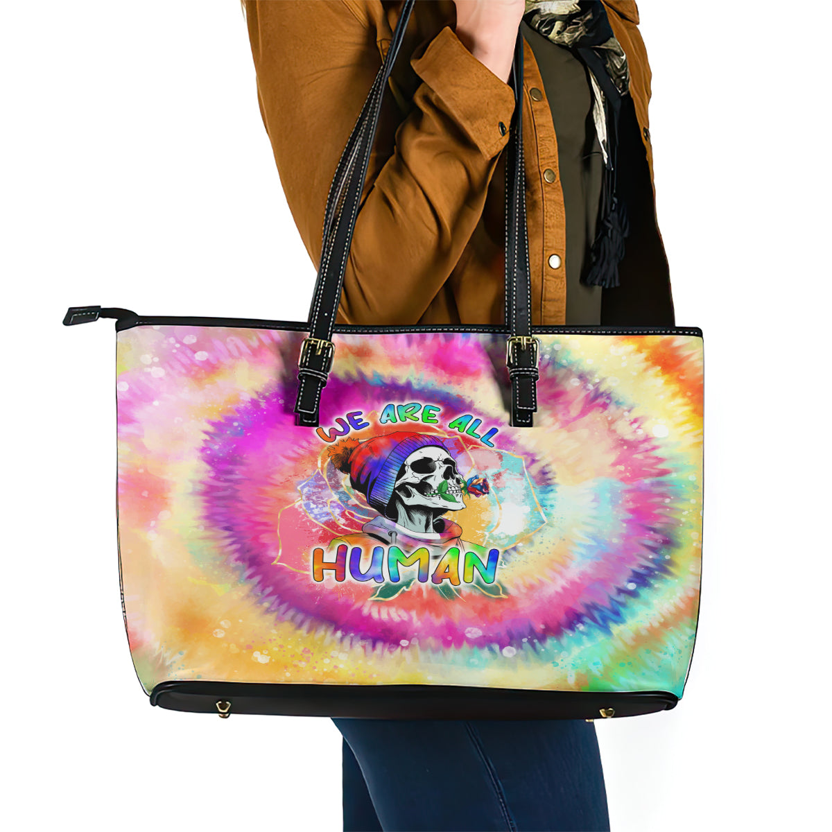 We Are All Human LGBT Leather Tote Bag Skull Tie Dye - Wonder Print Shop
