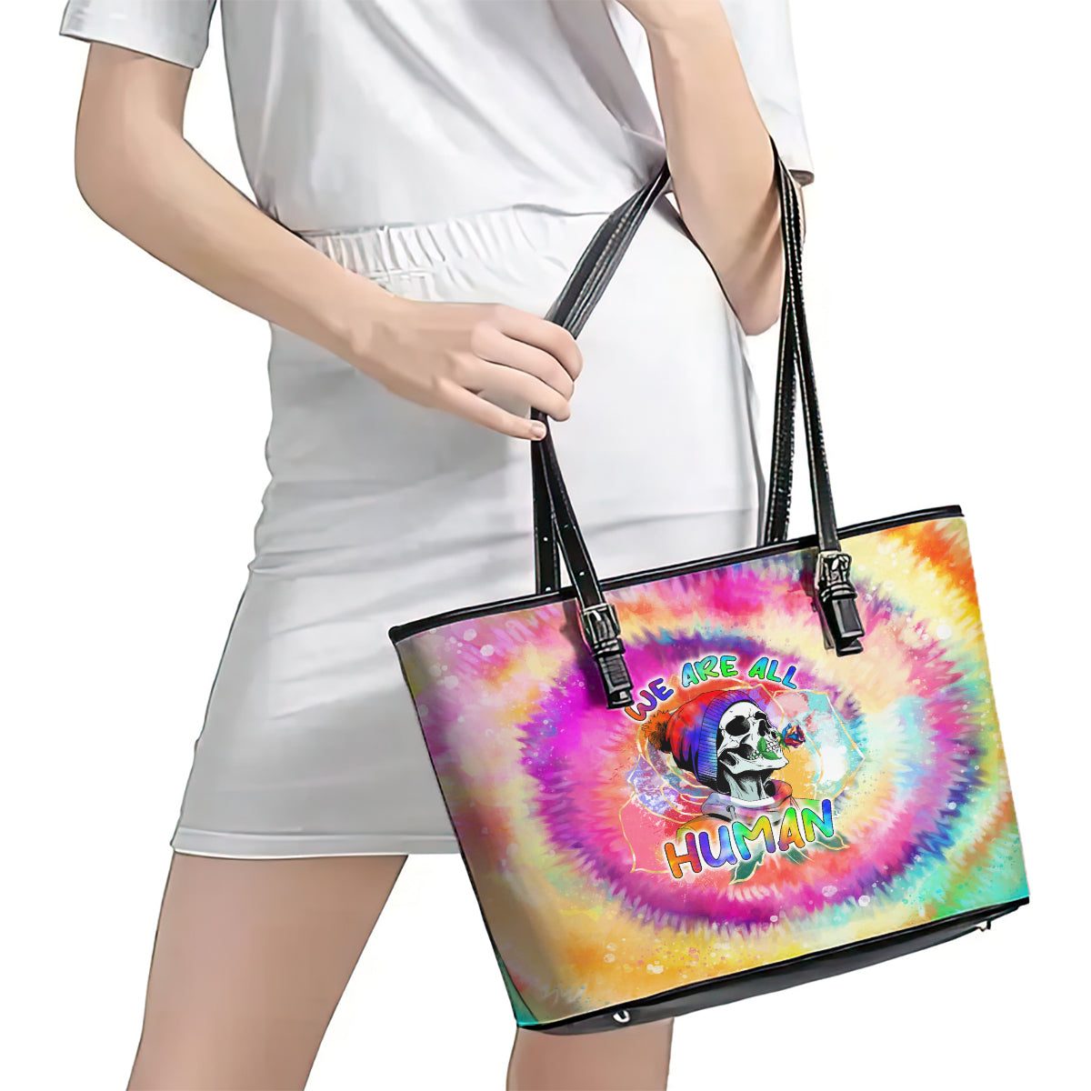 We Are All Human LGBT Leather Tote Bag Skull Tie Dye - Wonder Print Shop