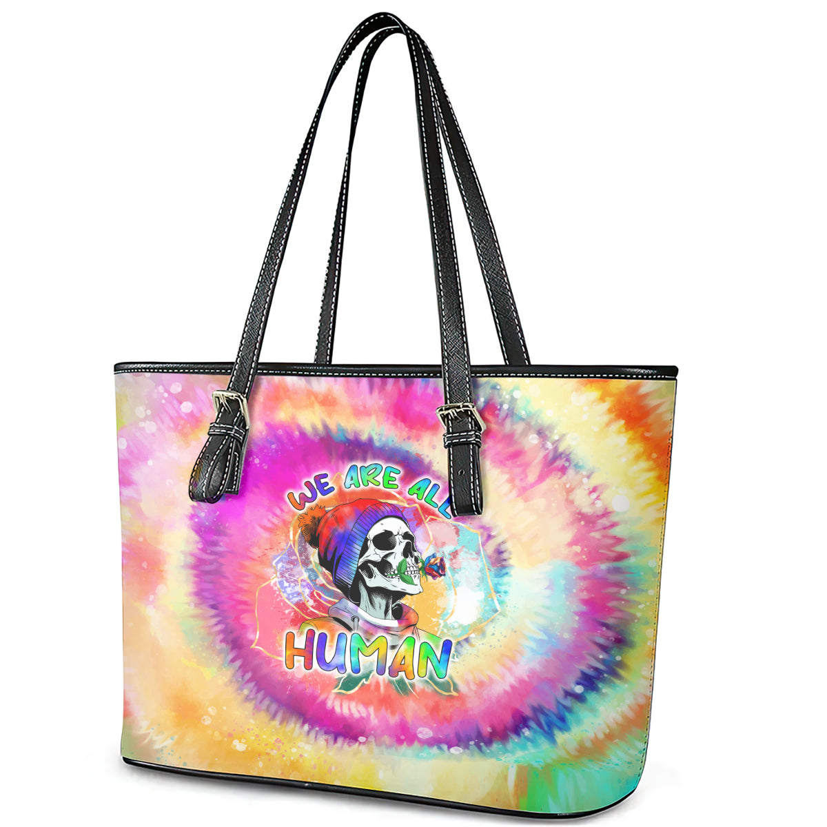 We Are All Human LGBT Leather Tote Bag Skull Tie Dye - Wonder Print Shop