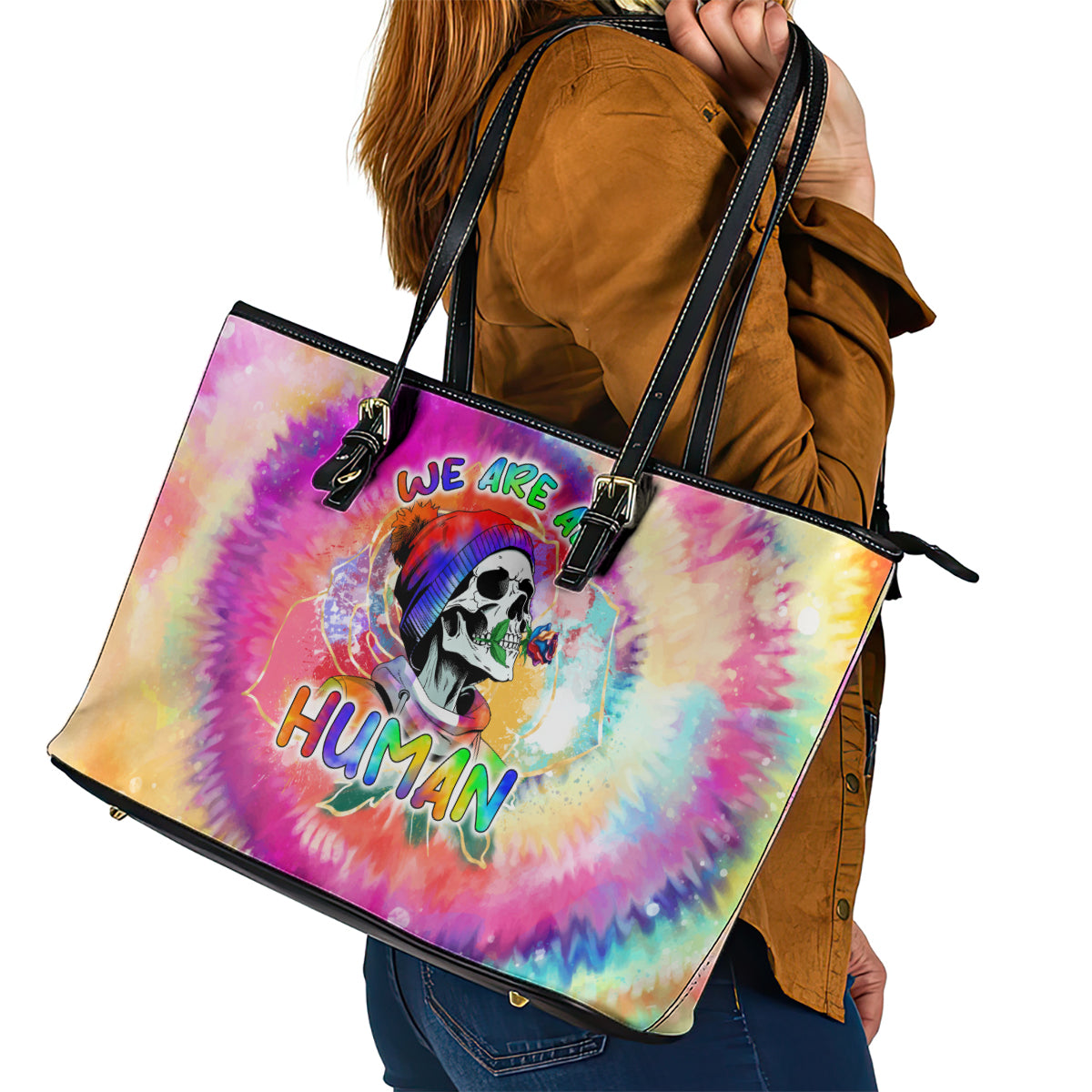 We Are All Human LGBT Leather Tote Bag Skull Tie Dye - Wonder Print Shop