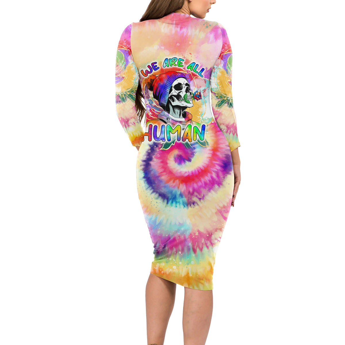 We Are All Human LGBT Long Sleeve Bodycon Dress Skull Tie Dye - Wonder Print Shop