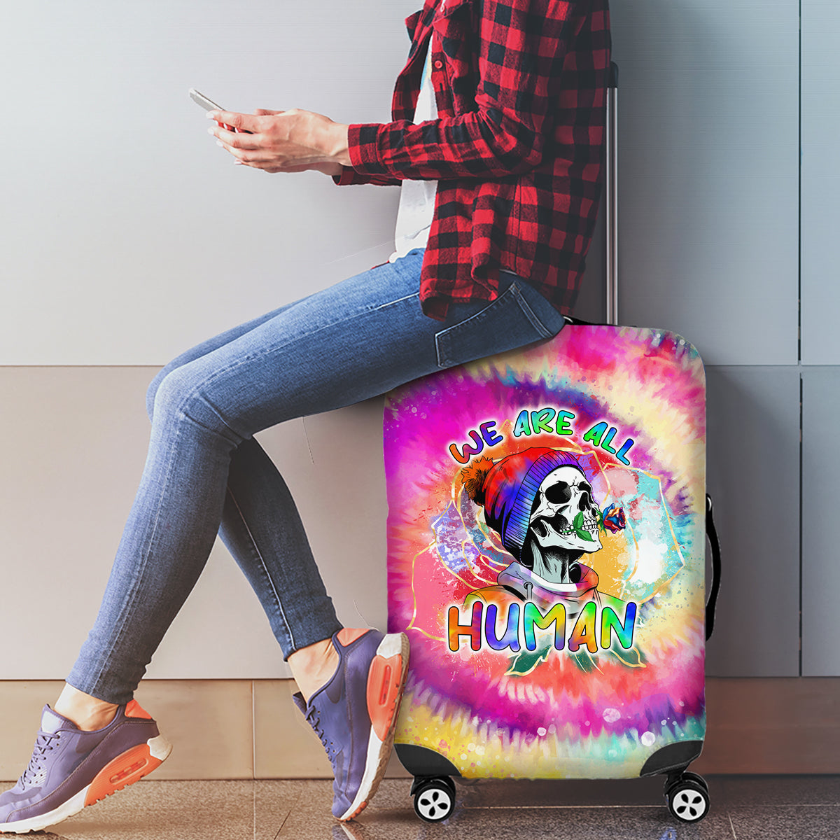 We Are All Human LGBT Luggage Cover Skull Tie Dye - Wonder Print Shop