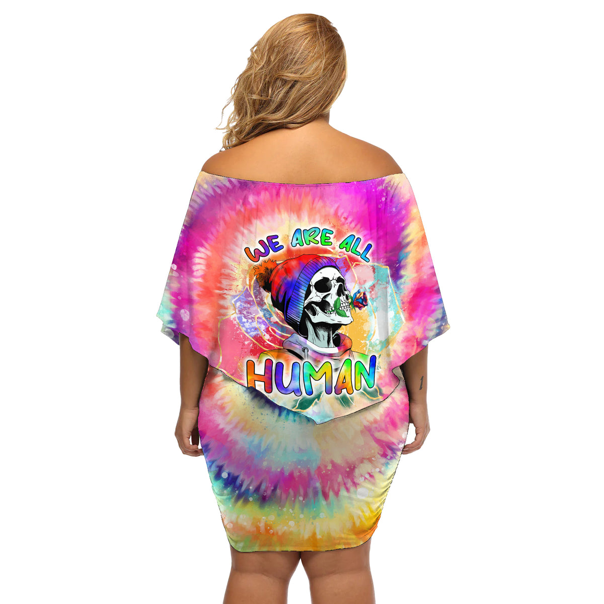 We Are All Human LGBT Off Shoulder Short Dress Skull Tie Dye - Wonder Print Shop