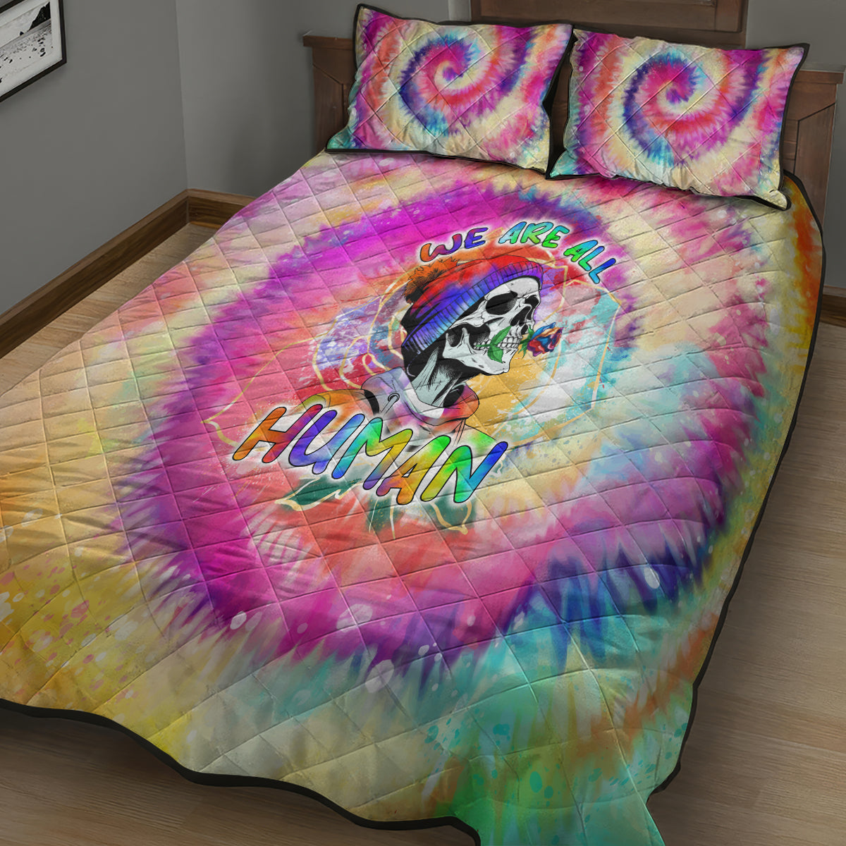 We Are All Human LGBT Quilt Bed Set Skull Tie Dye - Wonder Print Shop