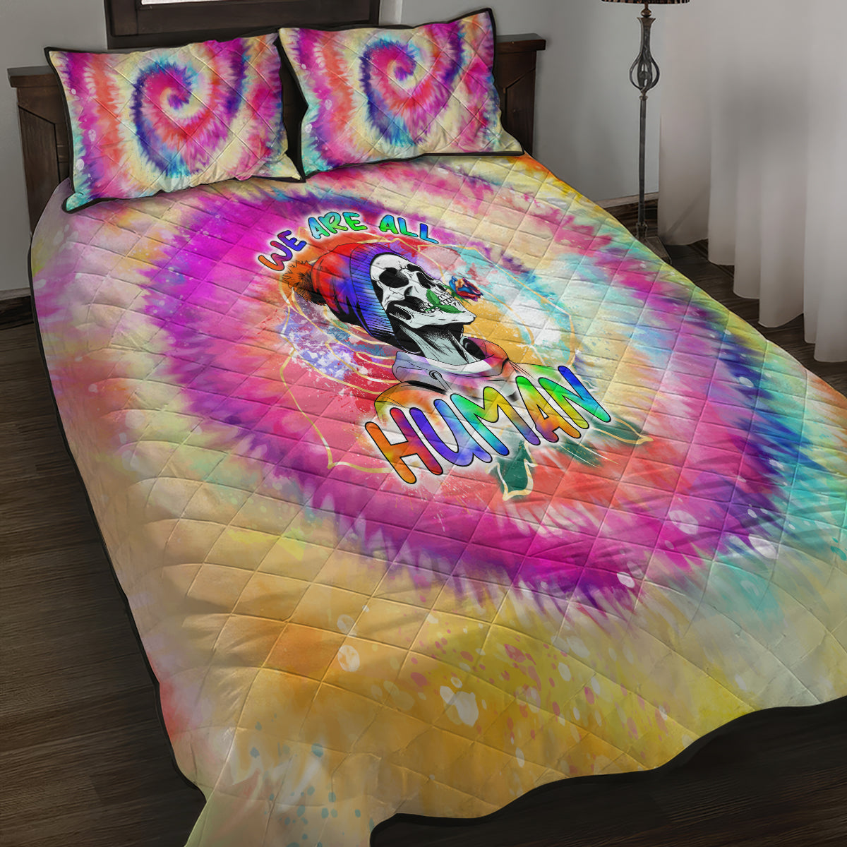 We Are All Human LGBT Quilt Bed Set Skull Tie Dye - Wonder Print Shop