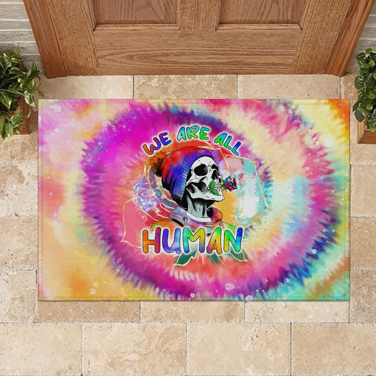 We Are All Human LGBT Rubber Doormat Skull Tie Dye - Wonder Print Shop