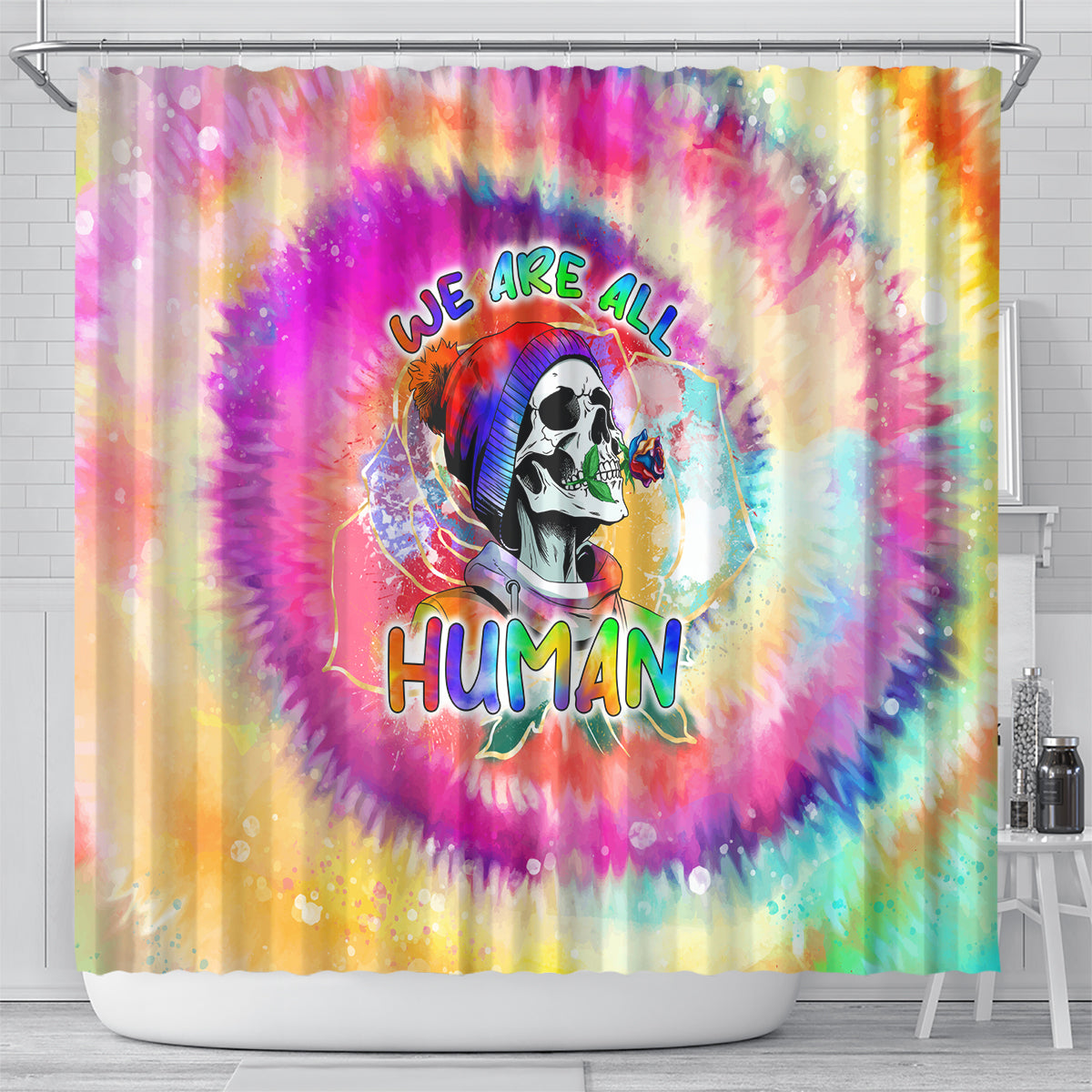 we-are-all-human-lgbt-shower-curtain-skull-tie-dye