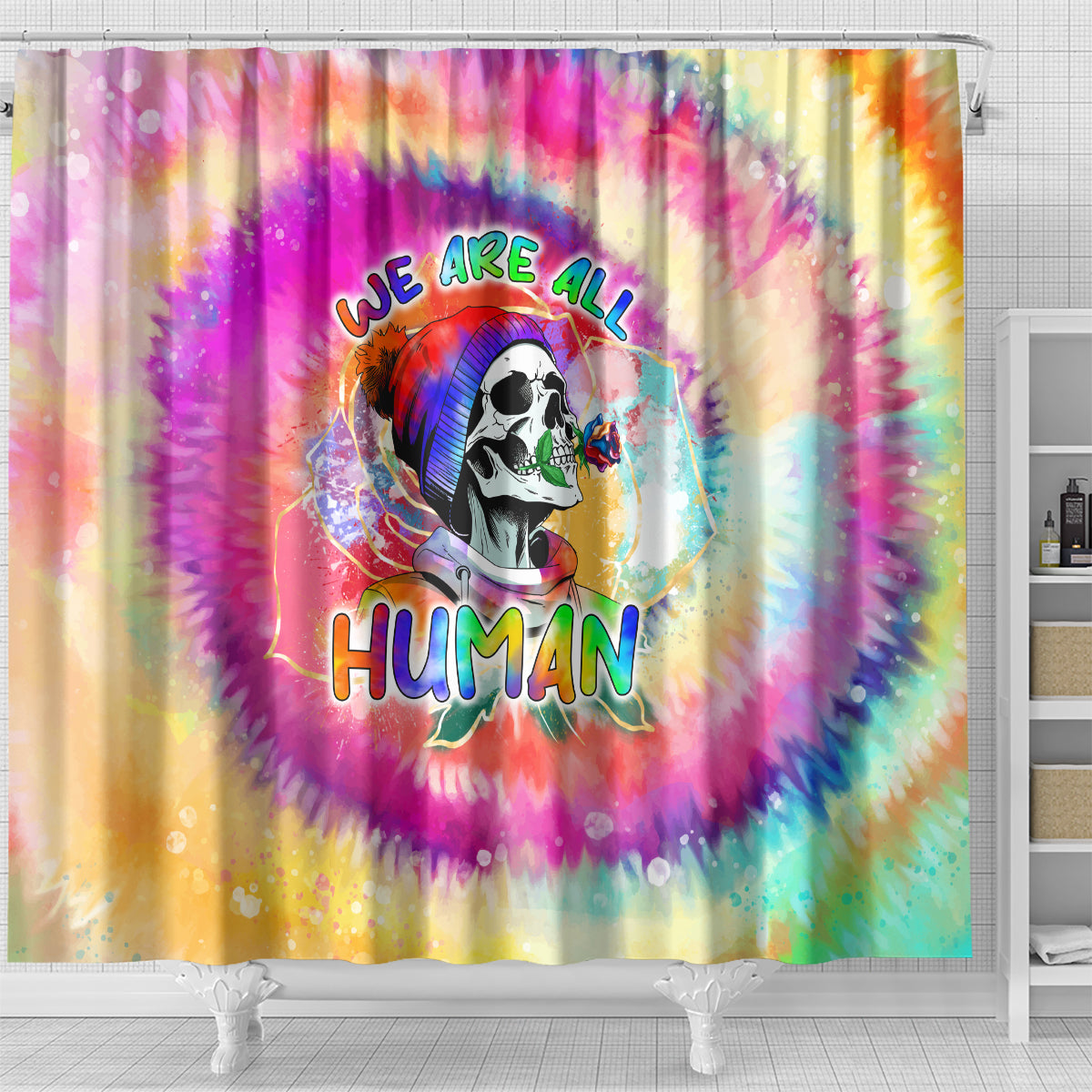 we-are-all-human-lgbt-shower-curtain-skull-tie-dye