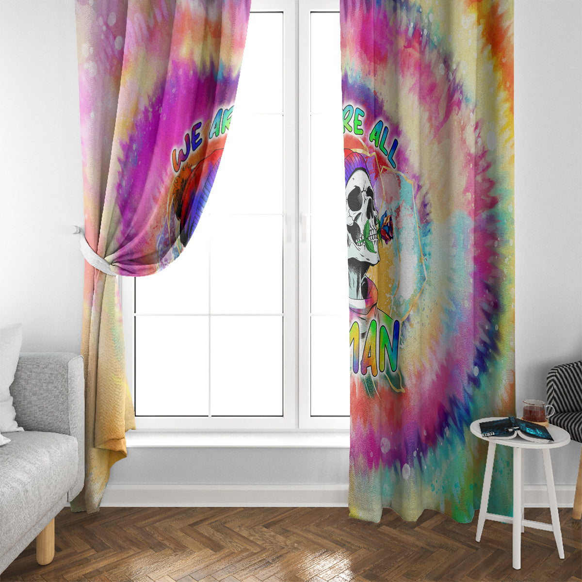 We Are All Human LGBT Window Curtain Skull Tie Dye - Wonder Print Shop