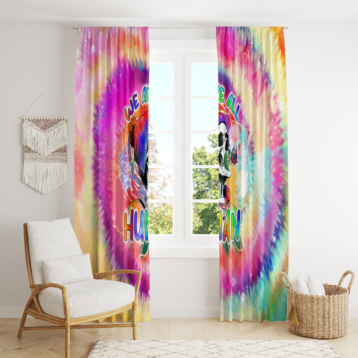We Are All Human LGBT Window Curtain Skull Tie Dye - Wonder Print Shop