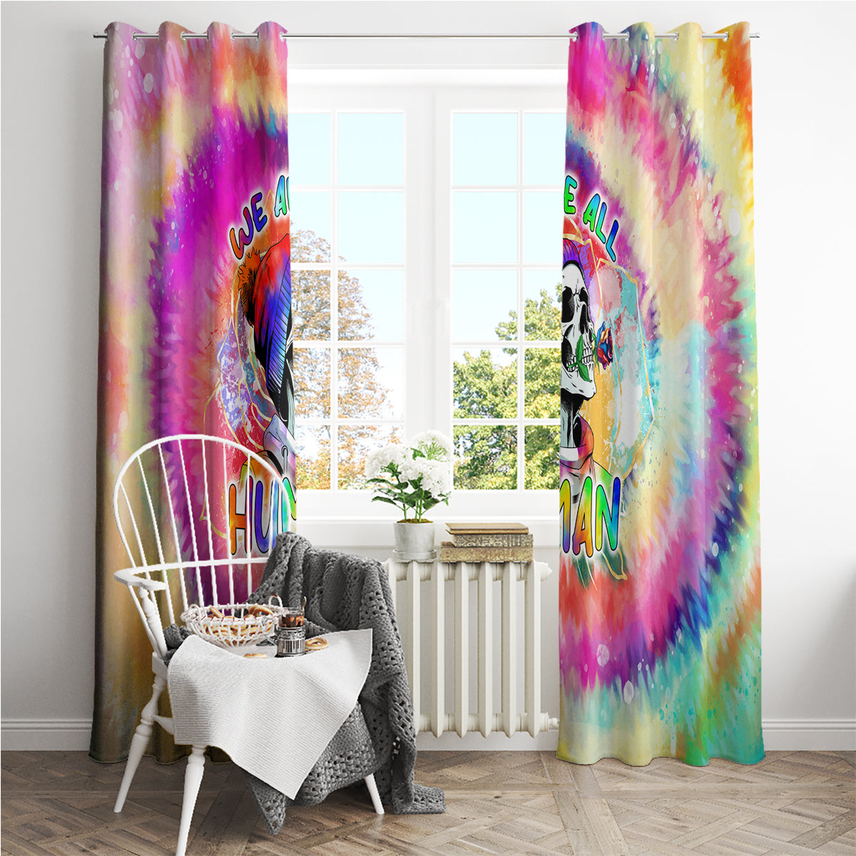 We Are All Human LGBT Window Curtain Skull Tie Dye - Wonder Print Shop