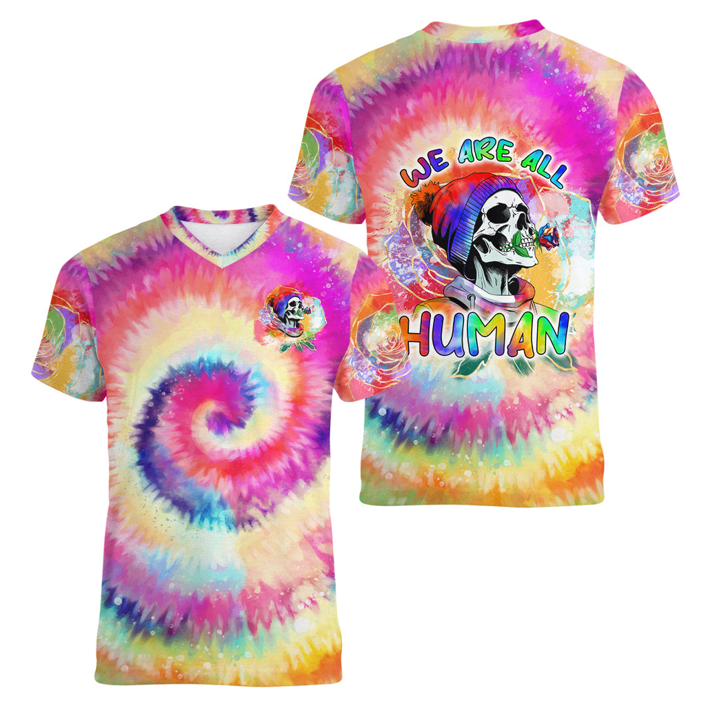 We Are All Human LGBT Women V Neck T Shirt Skull Tie Dye - Wonder Print Shop