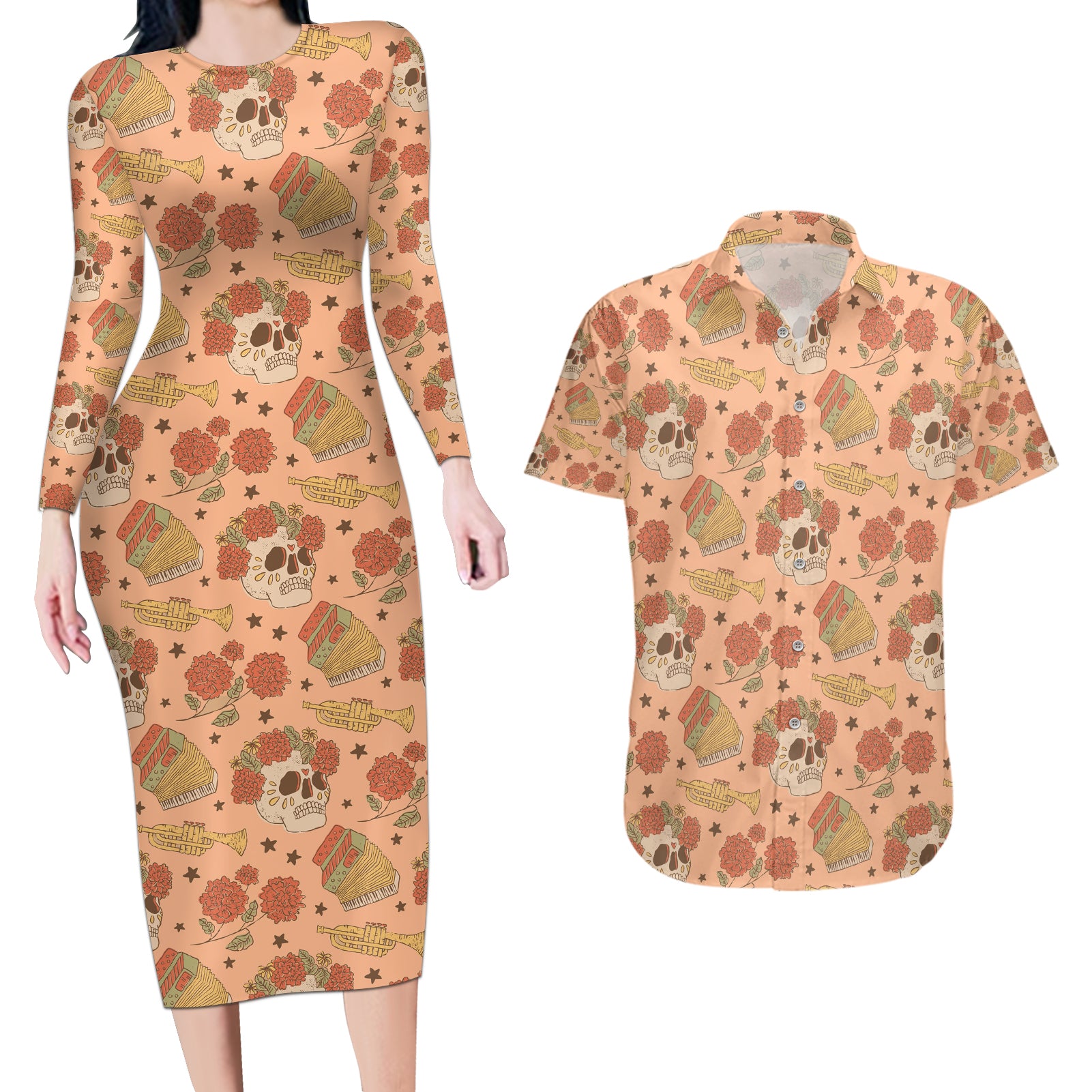 Day of the Dead Couples Matching Long Sleeve Bodycon Dress and Hawaiian Shirt Sugar Skulls - Wonder Print Shop