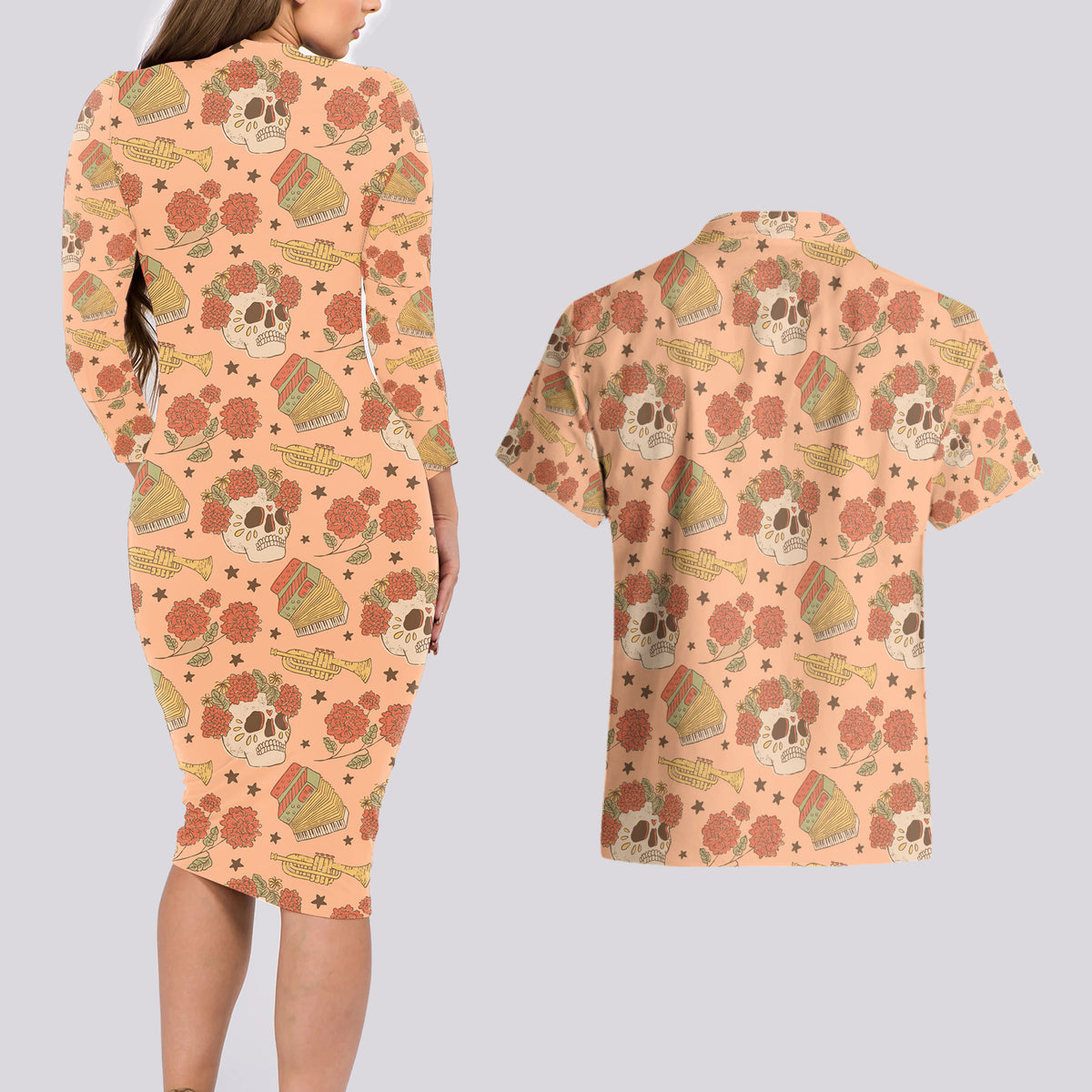 Day of the Dead Couples Matching Long Sleeve Bodycon Dress and Hawaiian Shirt Sugar Skulls - Wonder Print Shop