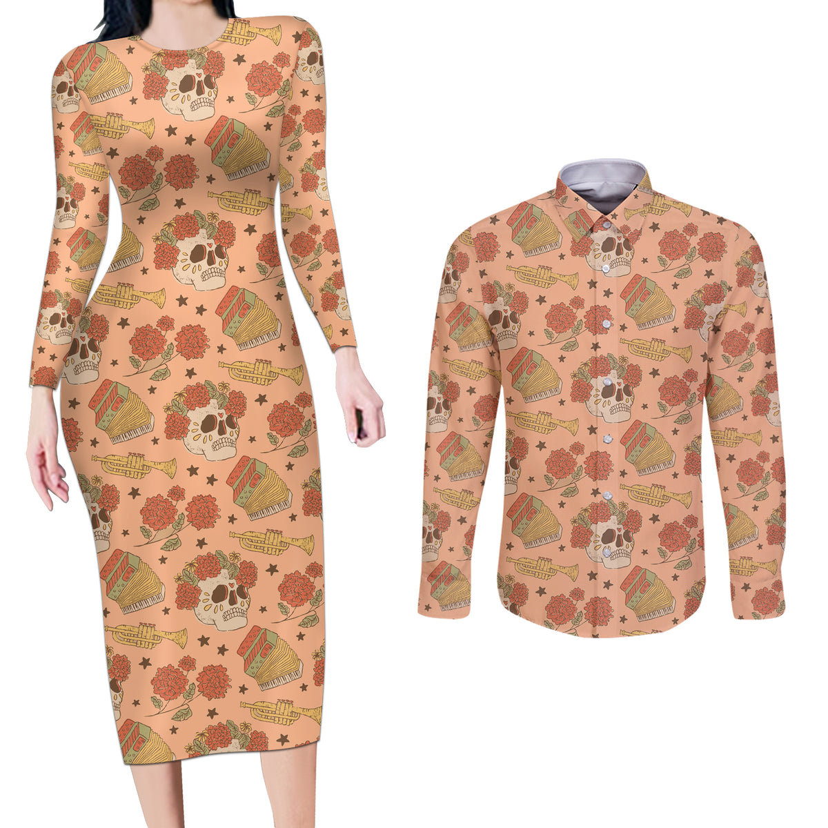 Day of the Dead Couples Matching Long Sleeve Bodycon Dress and Long Sleeve Button Shirt Sugar Skulls - Wonder Print Shop