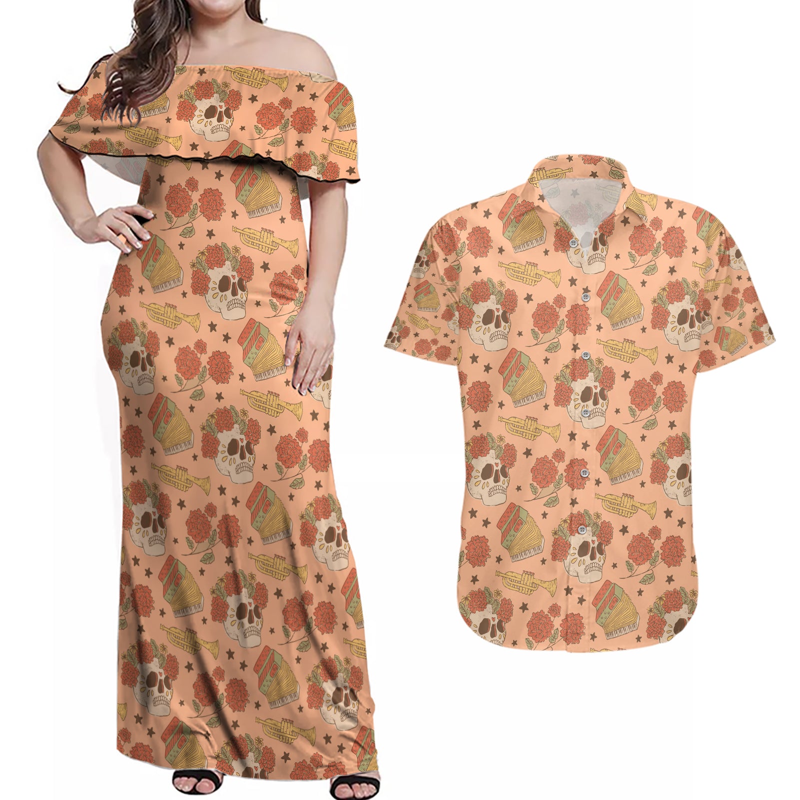 Day of the Dead Couples Matching Off Shoulder Maxi Dress and Hawaiian Shirt Sugar Skulls - Wonder Print Shop