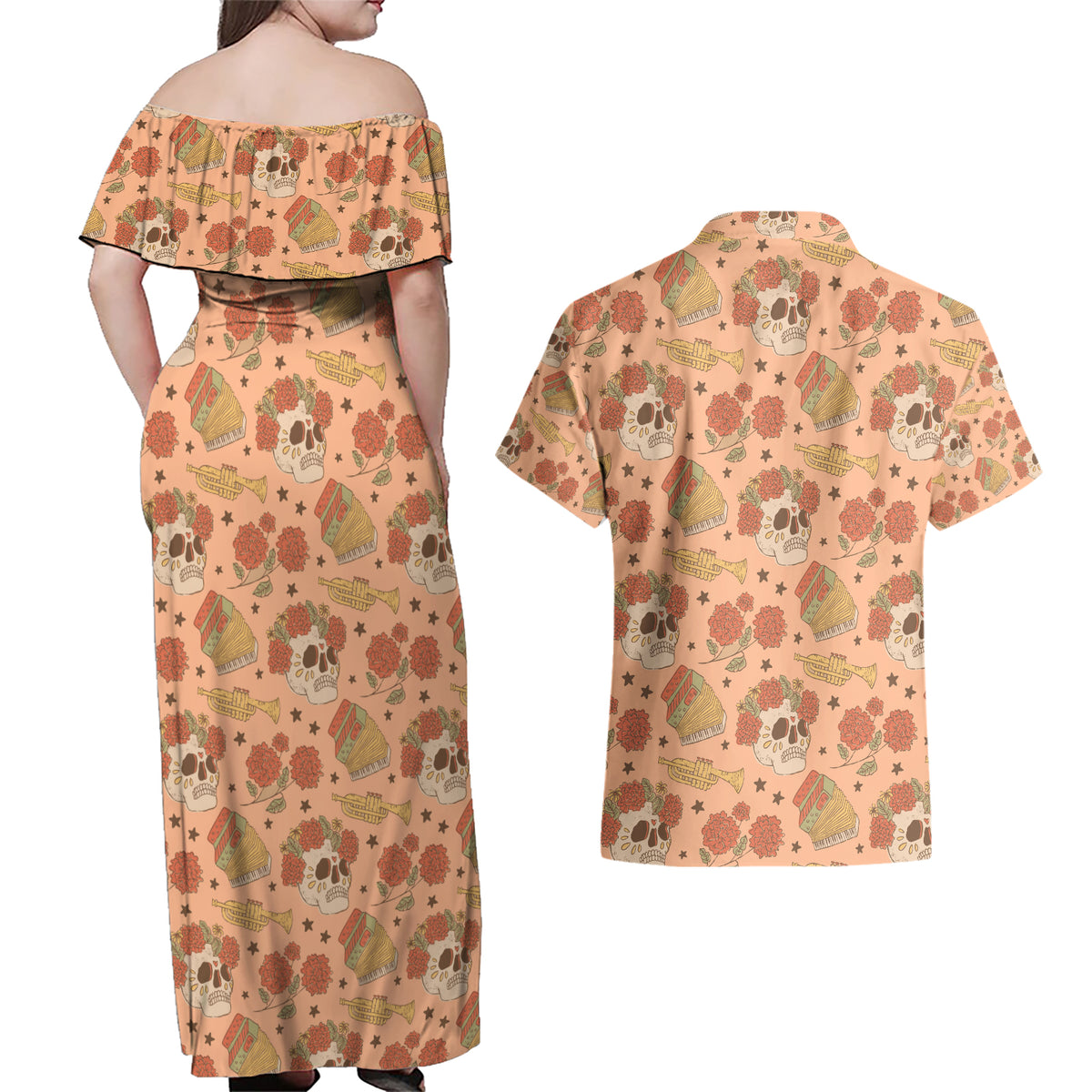 Day of the Dead Couples Matching Off Shoulder Maxi Dress and Hawaiian Shirt Sugar Skulls - Wonder Print Shop