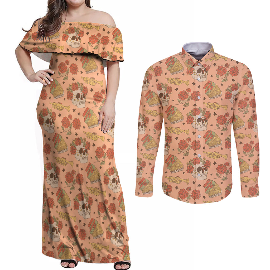 Day of the Dead Couples Matching Off Shoulder Maxi Dress and Long Sleeve Button Shirt Sugar Skulls - Wonder Print Shop