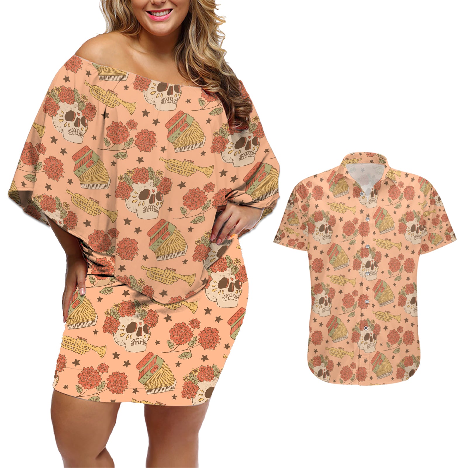 Day of the Dead Couples Matching Off Shoulder Short Dress and Hawaiian Shirt Sugar Skulls - Wonder Print Shop