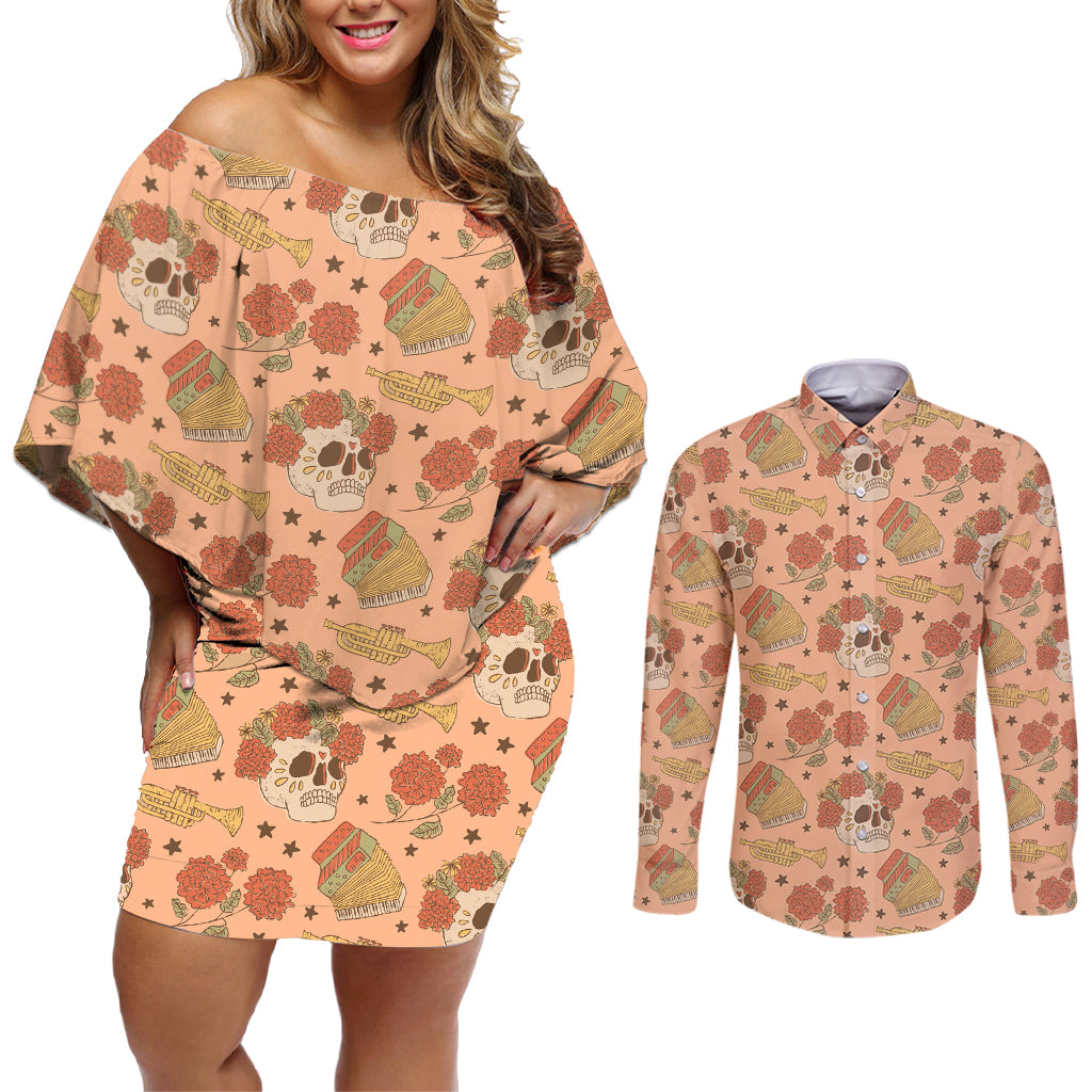 Day of the Dead Couples Matching Off Shoulder Short Dress and Long Sleeve Button Shirt Sugar Skulls - Wonder Print Shop