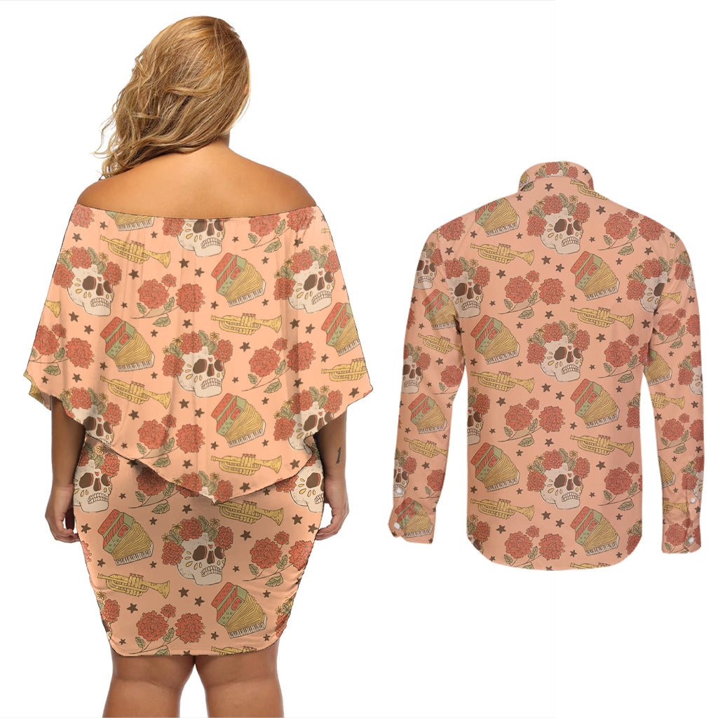 Day of the Dead Couples Matching Off Shoulder Short Dress and Long Sleeve Button Shirt Sugar Skulls - Wonder Print Shop
