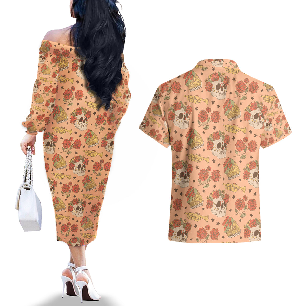 Day of the Dead Couples Matching Off The Shoulder Long Sleeve Dress and Hawaiian Shirt Sugar Skulls - Wonder Print Shop