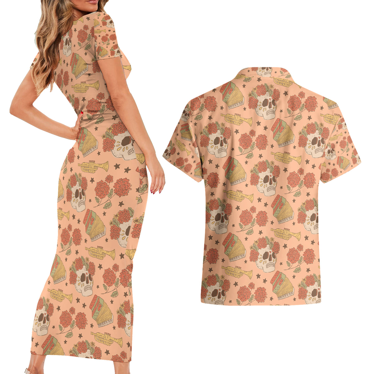 Day of the Dead Couples Matching Short Sleeve Bodycon Dress and Hawaiian Shirt Sugar Skulls - Wonder Print Shop