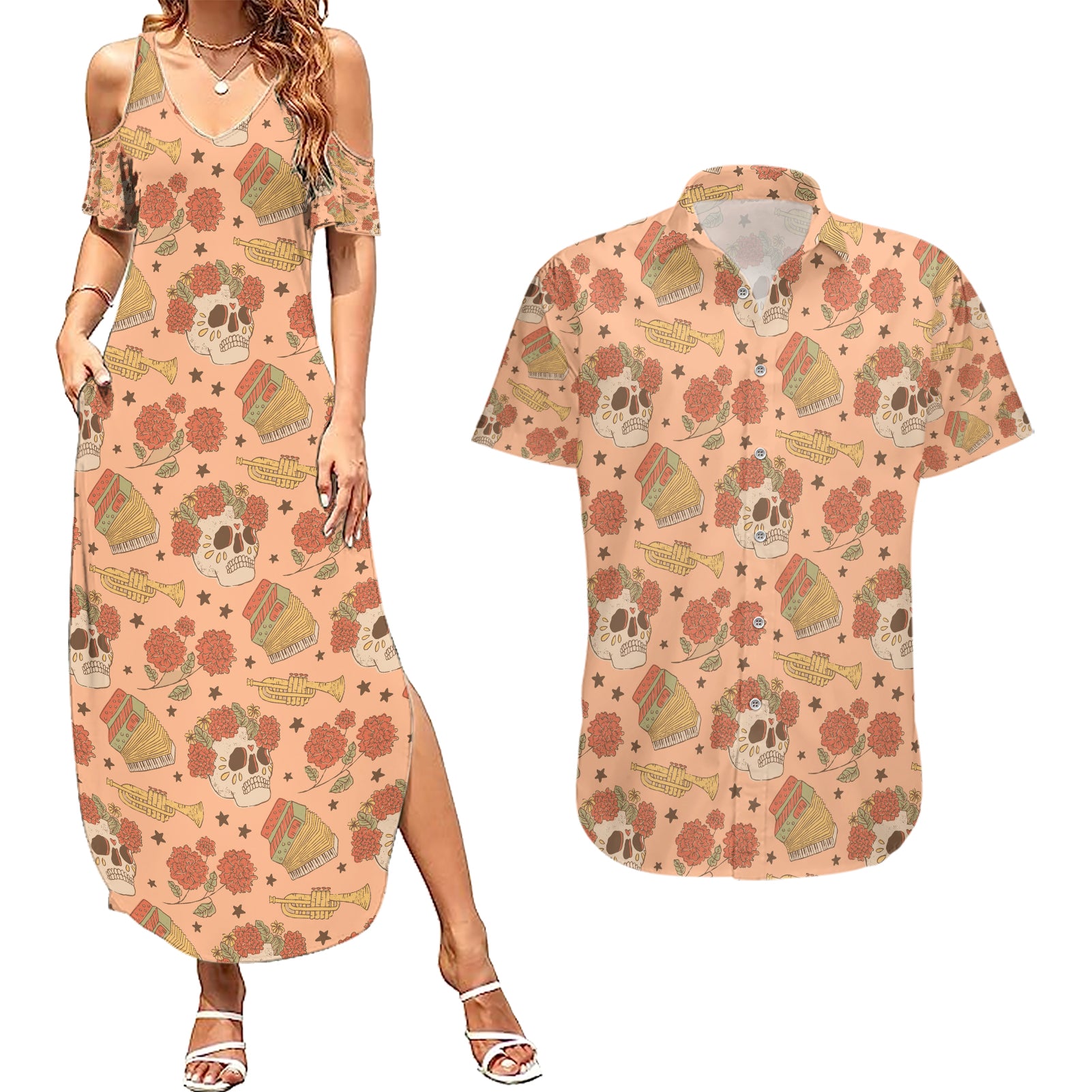 Day of the Dead Couples Matching Summer Maxi Dress and Hawaiian Shirt Sugar Skulls - Wonder Print Shop