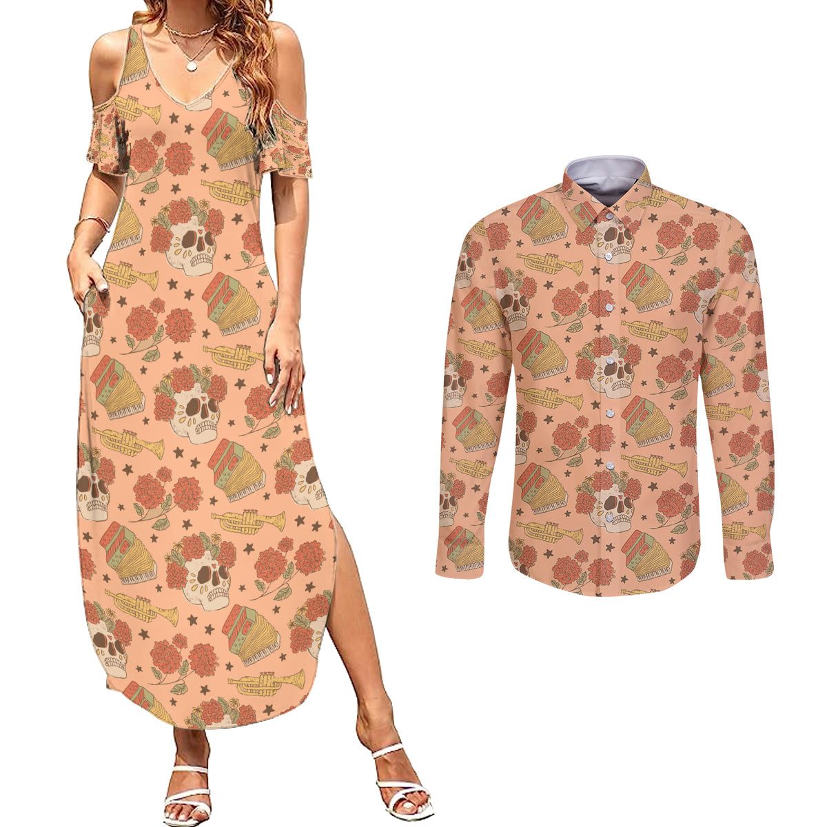 Day of the Dead Couples Matching Summer Maxi Dress and Long Sleeve Button Shirt Sugar Skulls - Wonder Print Shop