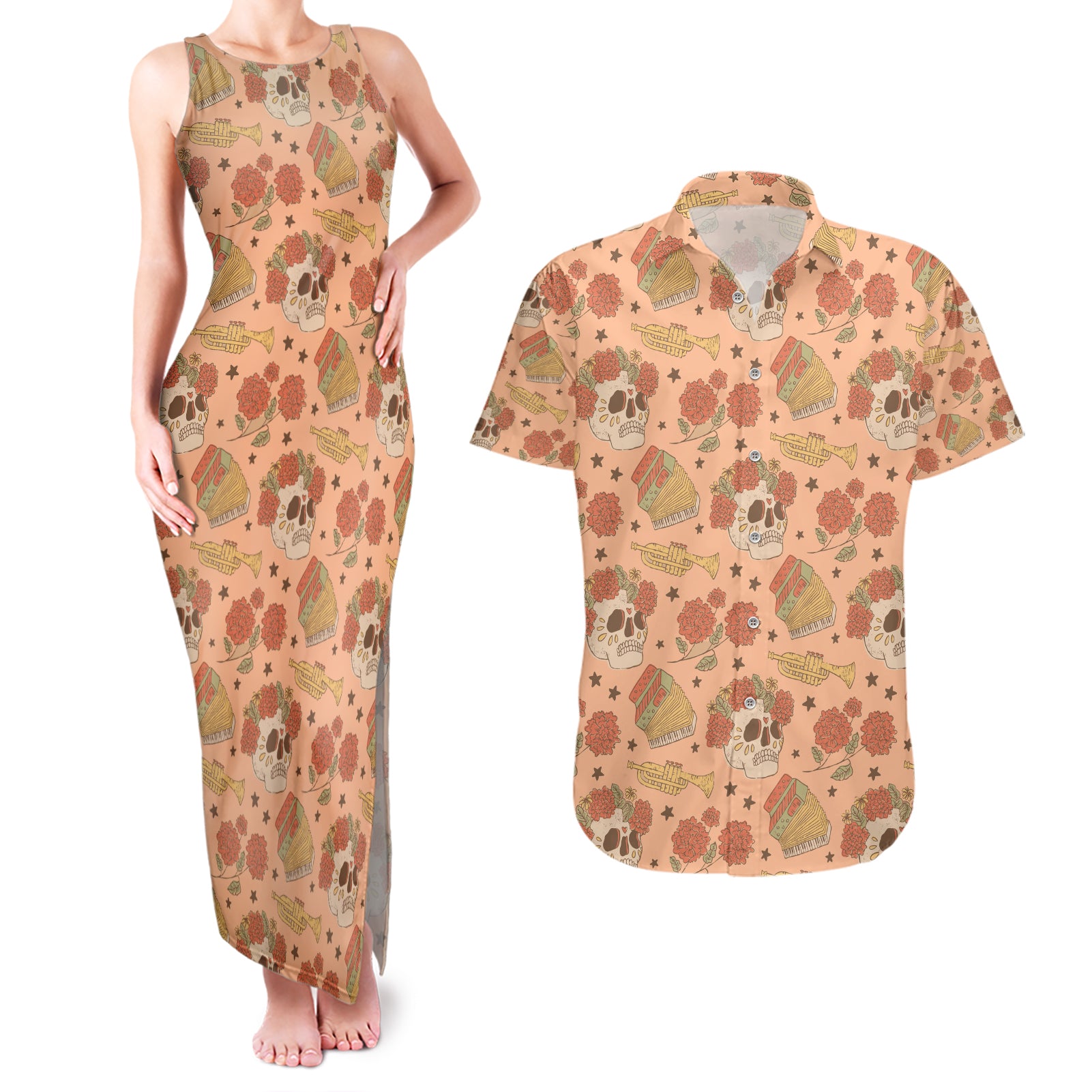 Day of the Dead Couples Matching Tank Maxi Dress and Hawaiian Shirt Sugar Skulls - Wonder Print Shop
