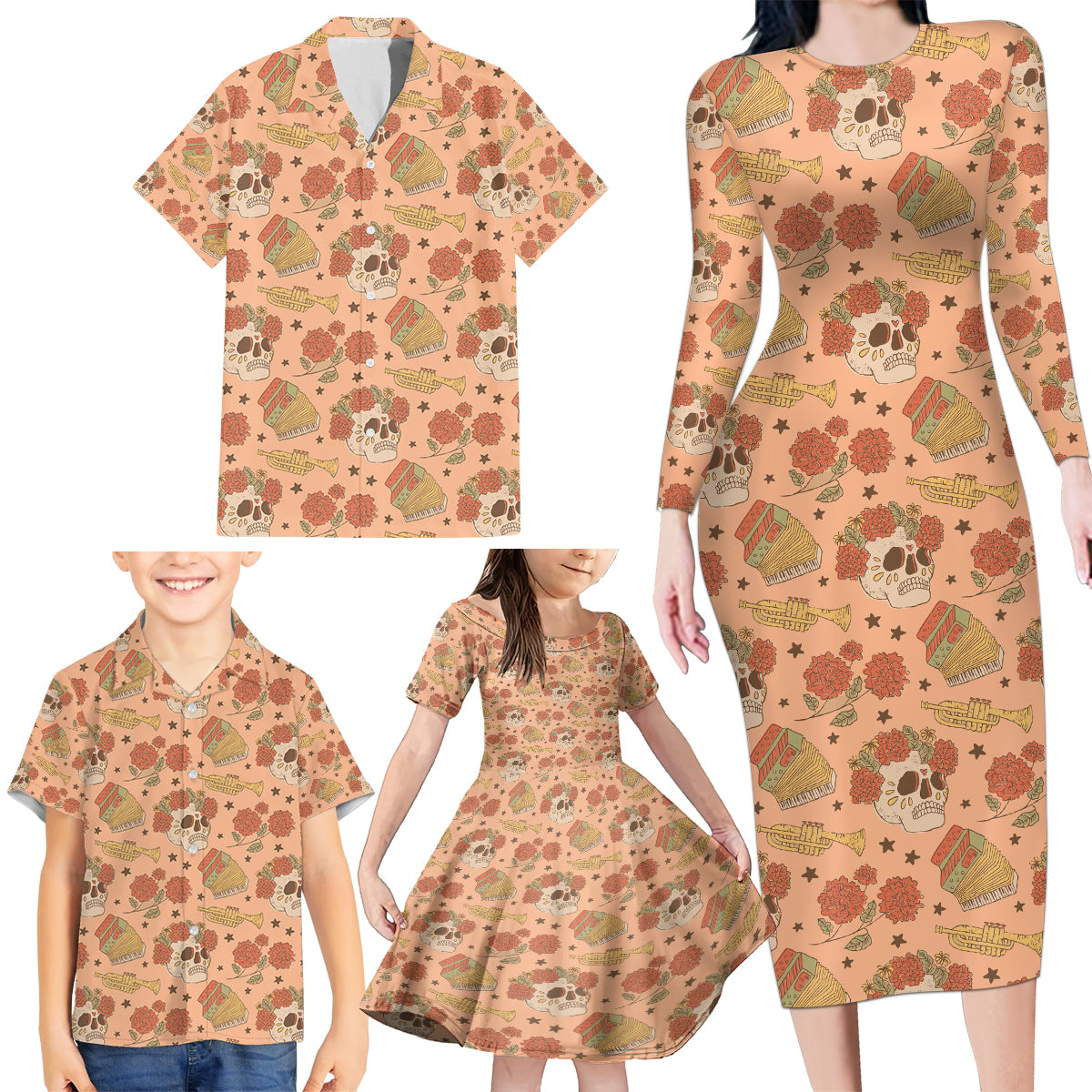 Day of the Dead Family Matching Long Sleeve Bodycon Dress and Hawaiian Shirt Sugar Skulls - Wonder Print Shop