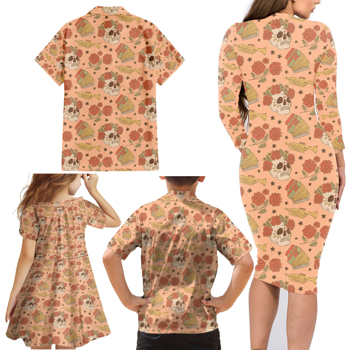 Day of the Dead Family Matching Long Sleeve Bodycon Dress and Hawaiian Shirt Sugar Skulls - Wonder Print Shop