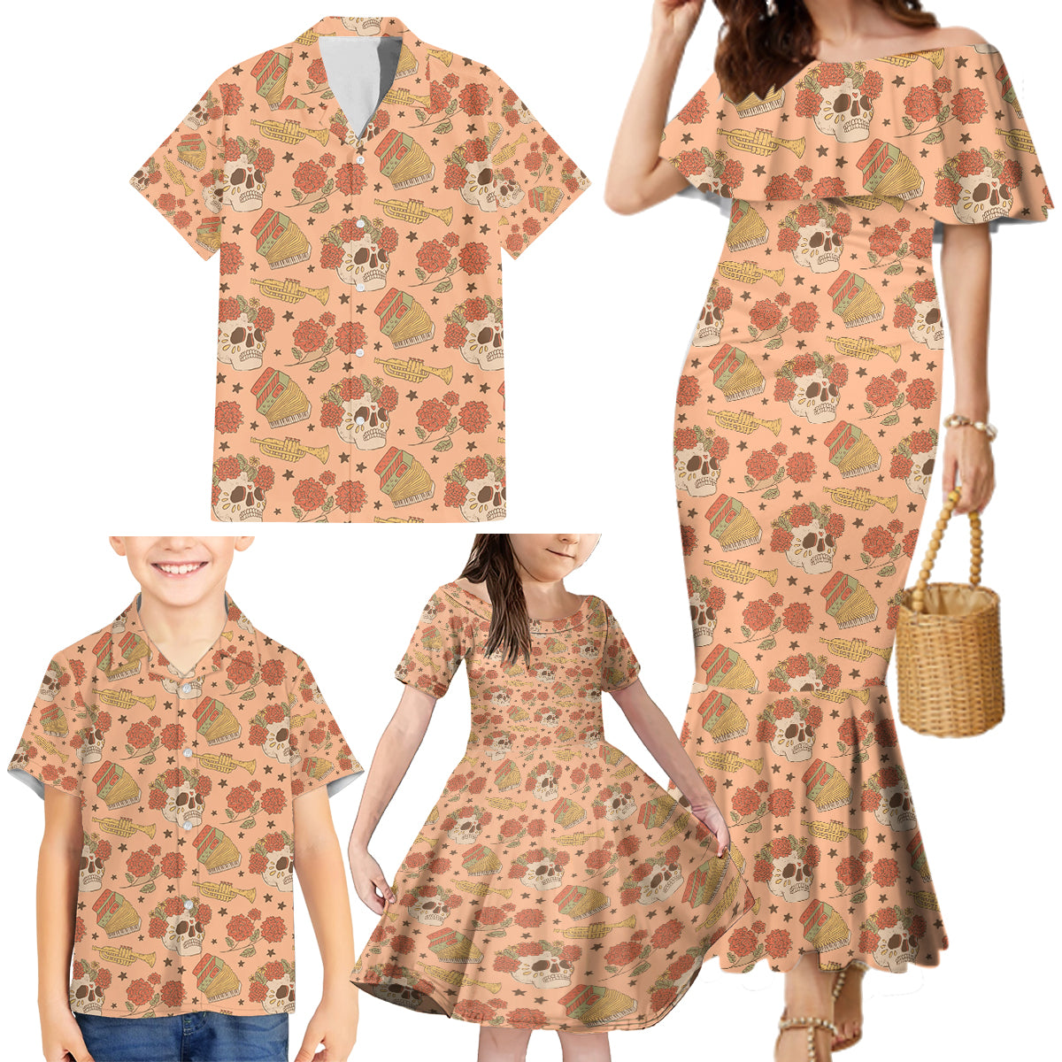 Day of the Dead Family Matching Mermaid Dress and Hawaiian Shirt Sugar Skulls - Wonder Print Shop