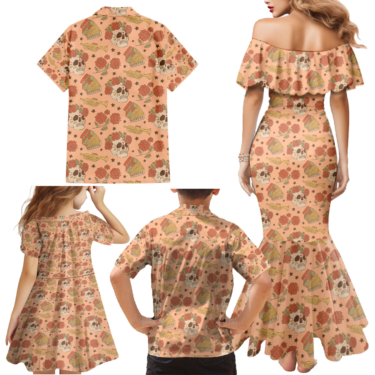 Day of the Dead Family Matching Mermaid Dress and Hawaiian Shirt Sugar Skulls - Wonder Print Shop