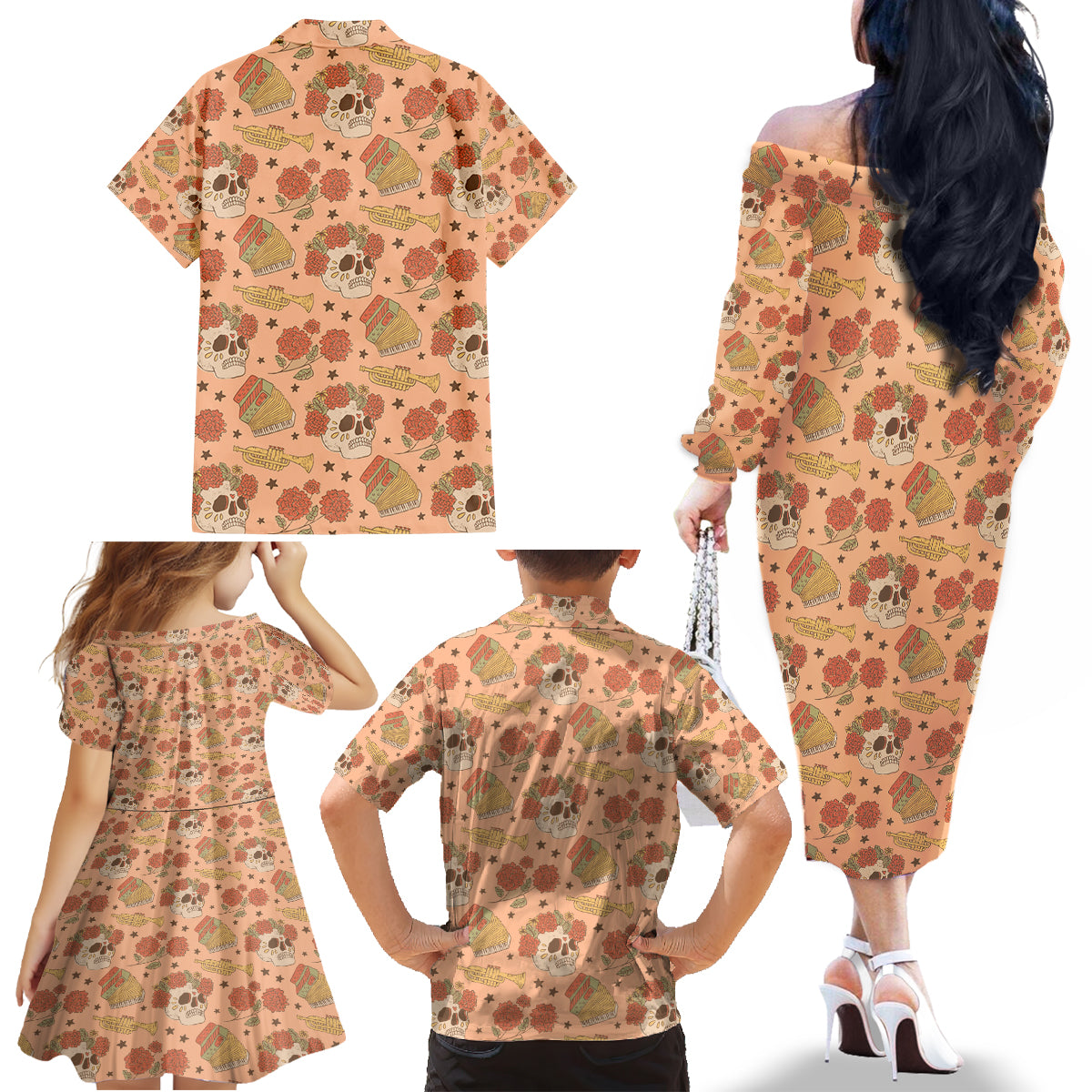 Day of the Dead Family Matching Off Shoulder Long Sleeve Dress and Hawaiian Shirt Sugar Skulls - Wonder Print Shop