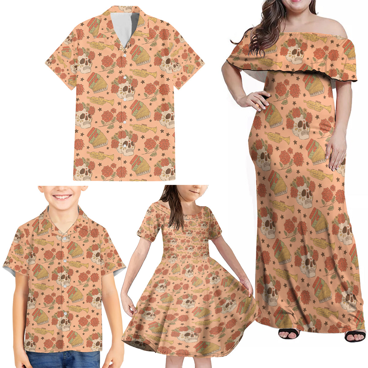 Day of the Dead Family Matching Off Shoulder Maxi Dress and Hawaiian Shirt Sugar Skulls - Wonder Print Shop