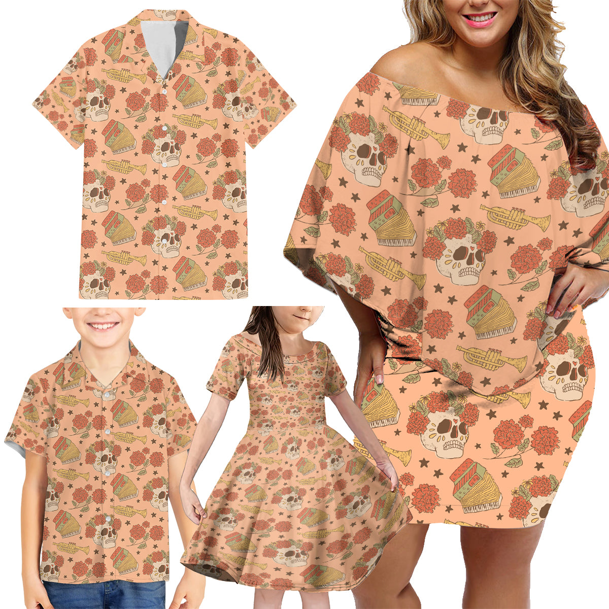 Day of the Dead Family Matching Off Shoulder Short Dress and Hawaiian Shirt Sugar Skulls - Wonder Print Shop